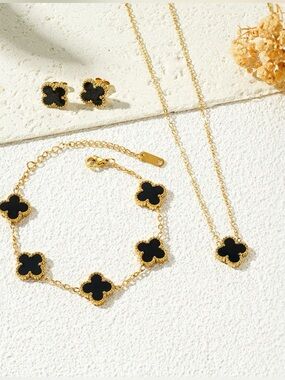 ✨ Black 4 Leaf Clover Jewelry Set | 18kGold-Plated Necklace, Bracelet & Earrings